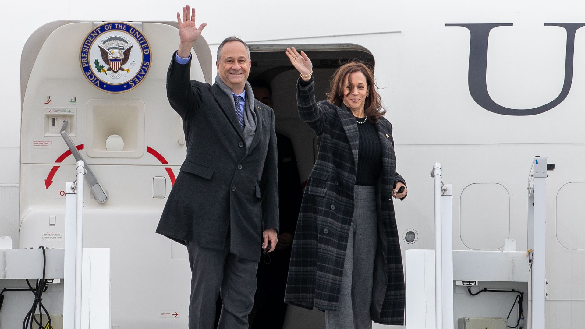 United States Vice President Kamala Harris and her husband, Douglas Emhoff, are seen leaving France at Orly Airport on November 13, 2021 in Paris, France.