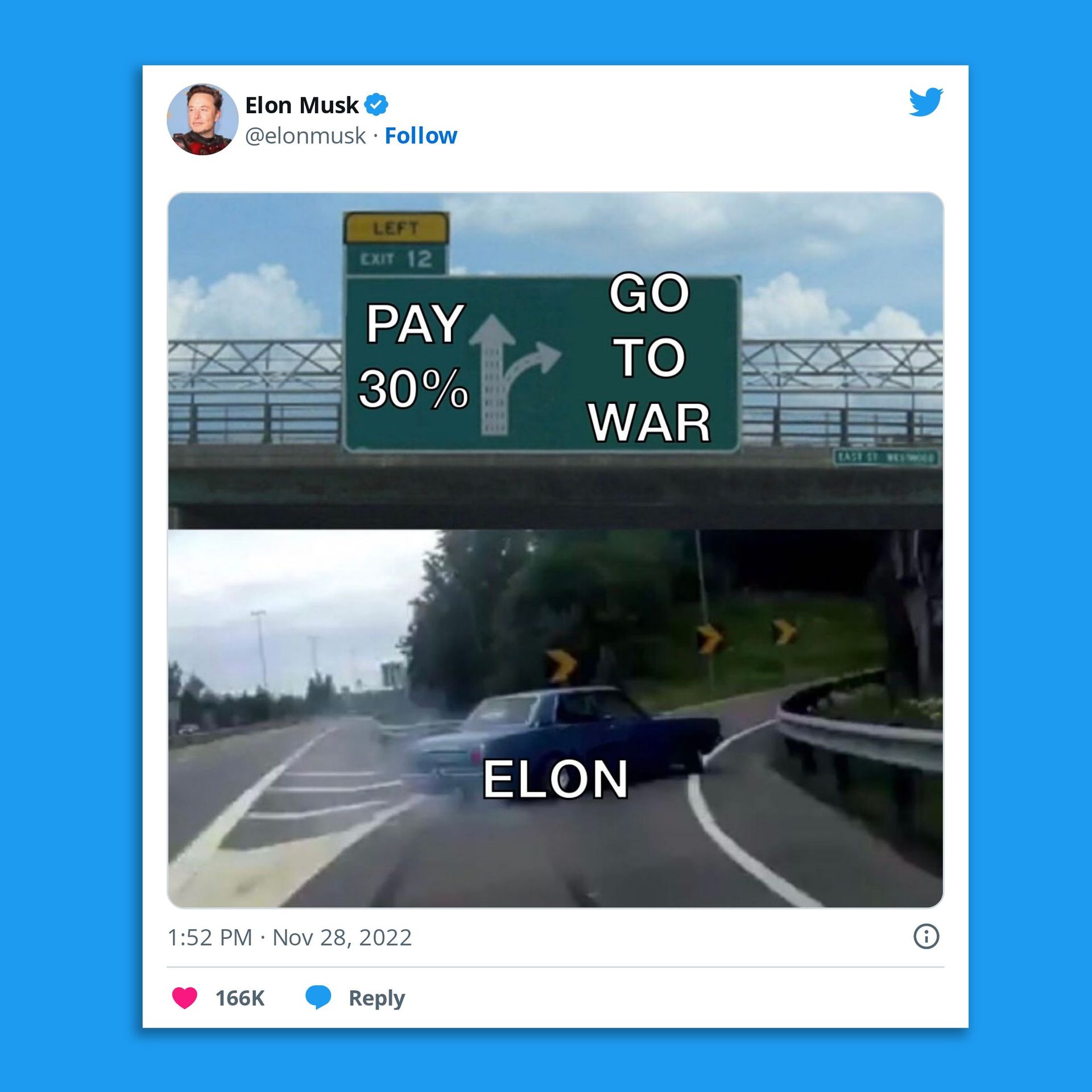 Elon Musk tweet showing a fork in a road with a sign reading "pay 30%" one way and "Go to War" the other