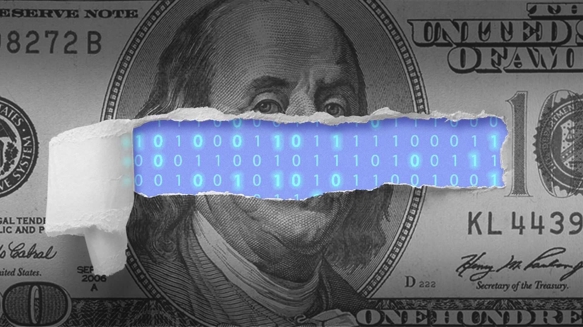 Illustration of a torn hundred dollar bill revealing binary code beneath