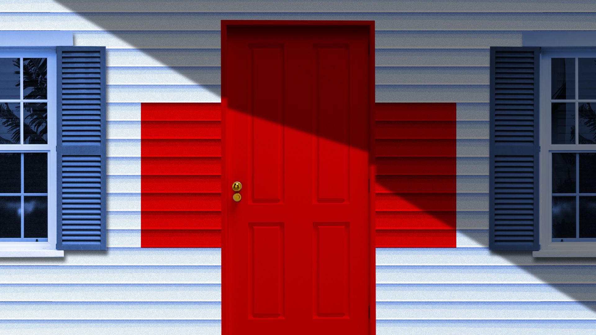 Illustration of a shadow cast over a home with a red cross for a door