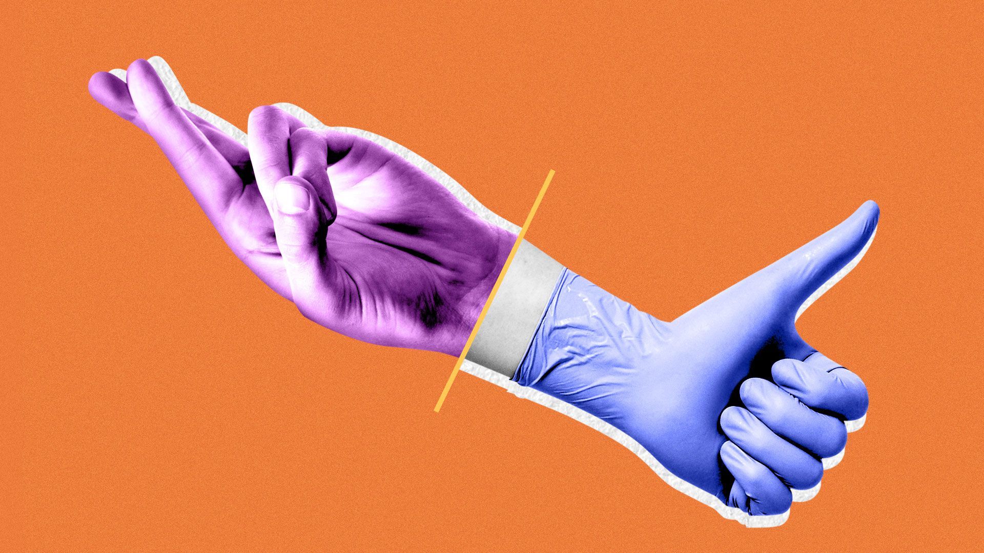 Illustration of split with gloved thumbs up hand on the right, and crossed fingers without gloves on the left