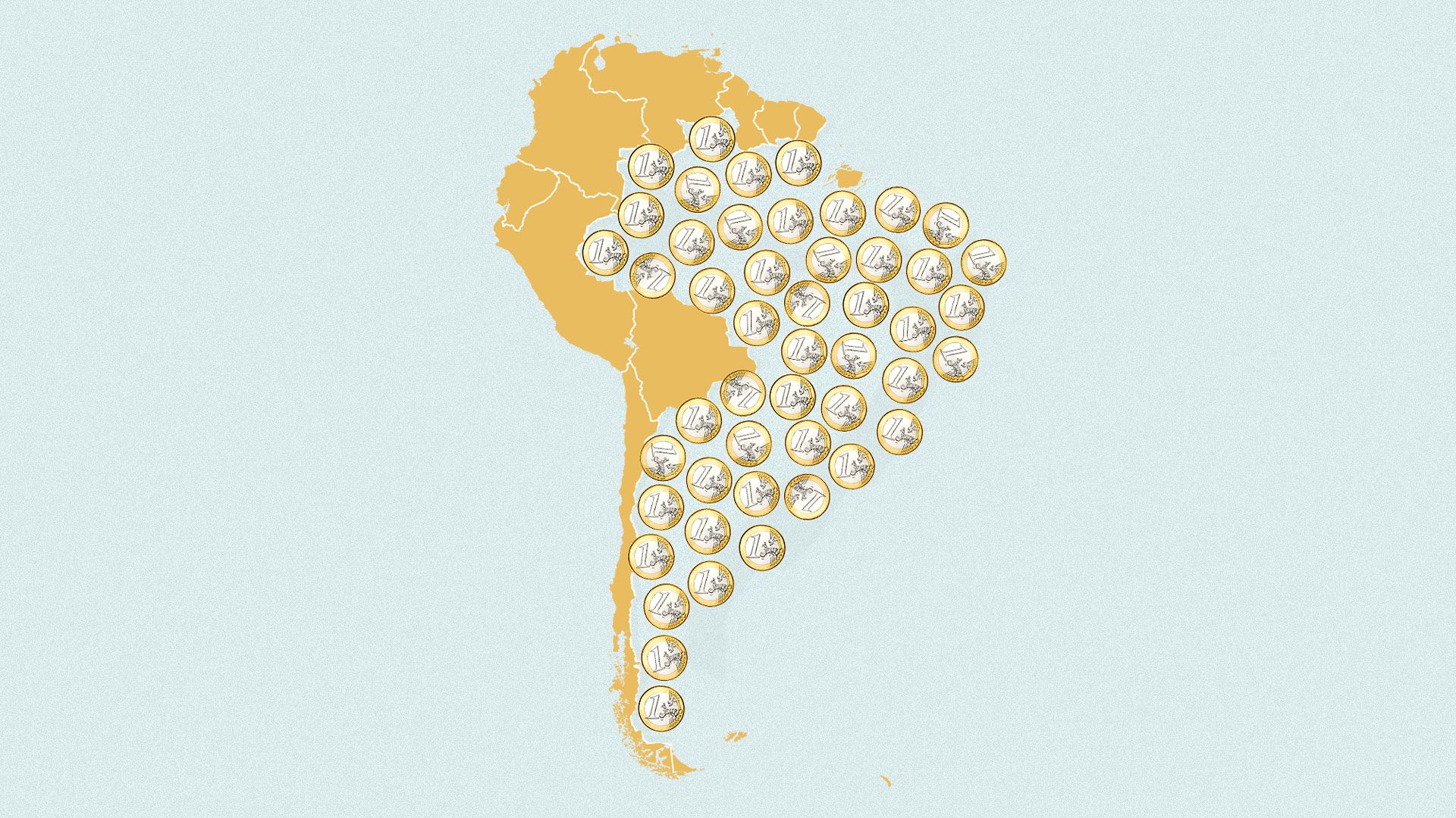 Illustration of South America with the east side replaced with one dollar coins.