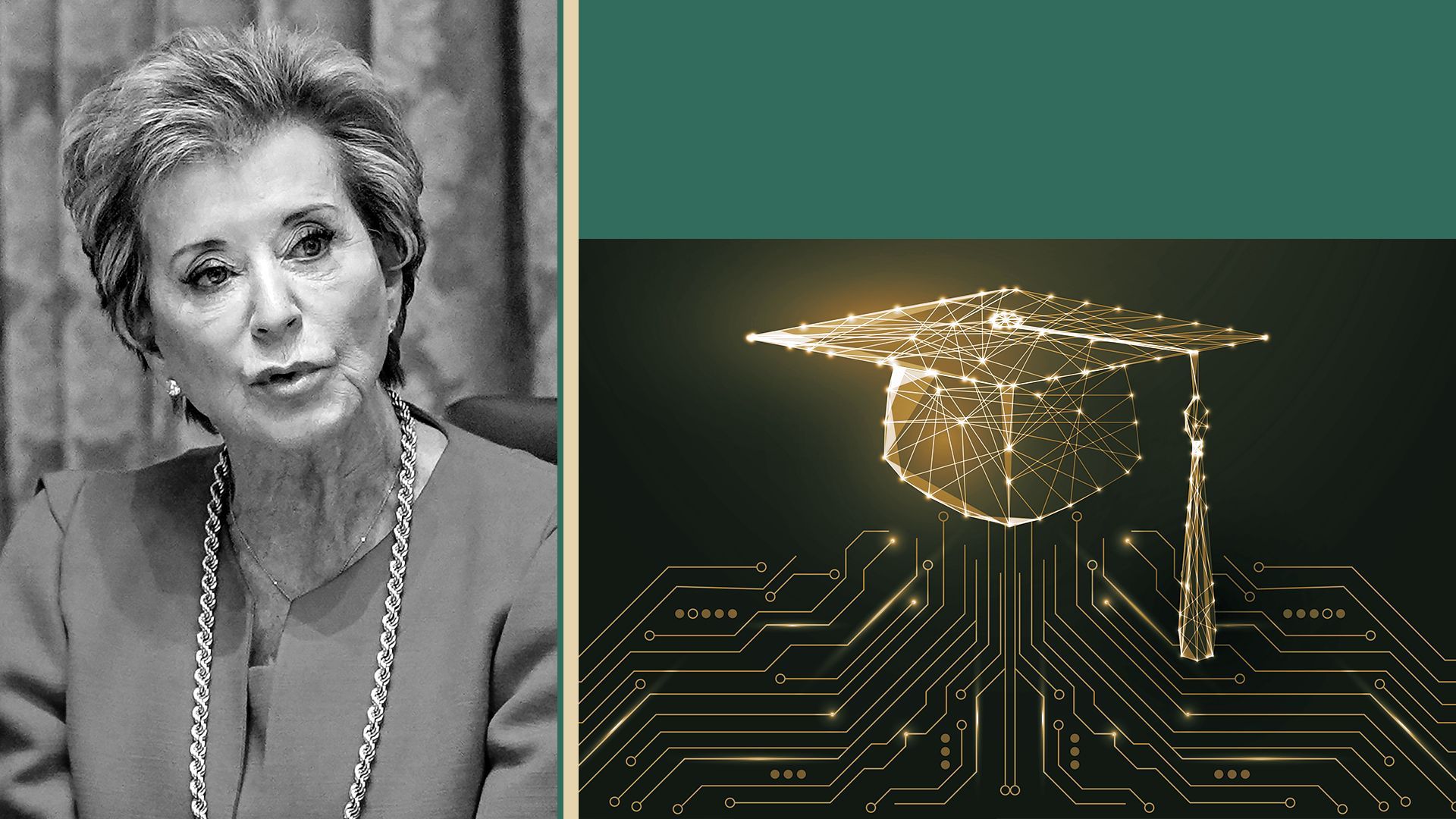 Photo illustration of Linda McMahon and a digital rendering of a graduation cap and nodes.