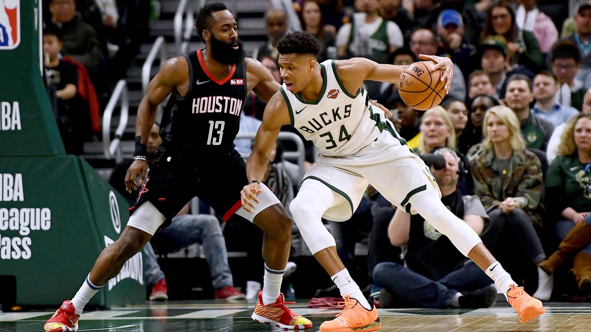 James Harden playing defense on Giannis Antetokounmpo