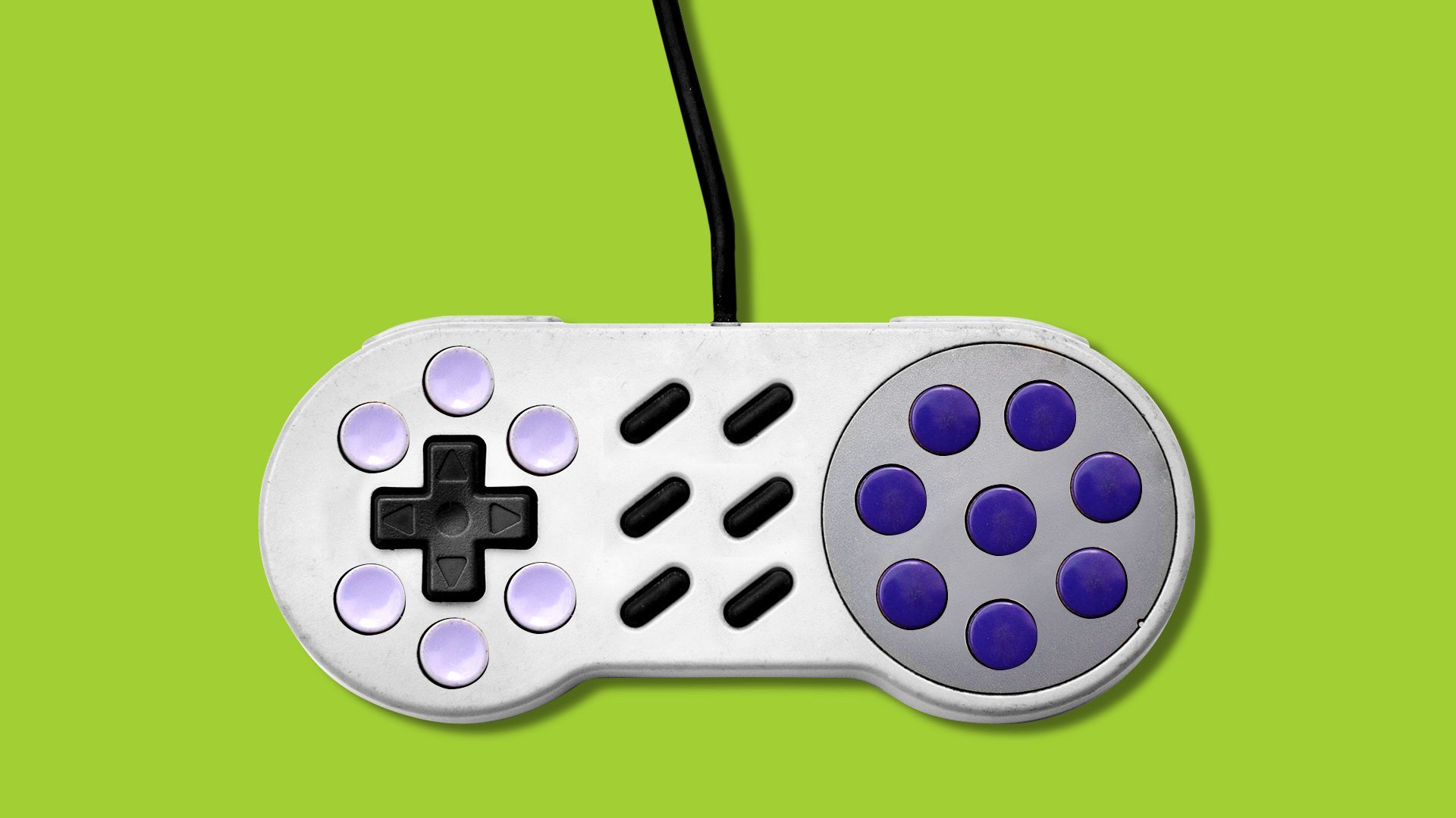 Illustration of a video game controller with an absurd number of buttons.   