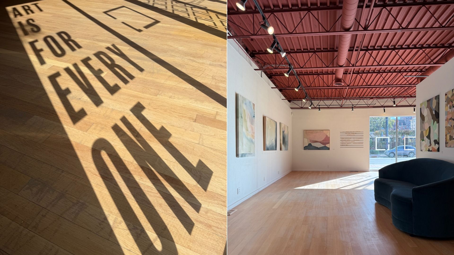 Left image shows the shadow of the phrase "ART IS FOR EVERY ONE" on a wooden floor. Right image shows a bright art gallery with abstract paintings, a red ceiling, and a dark curved sofa.