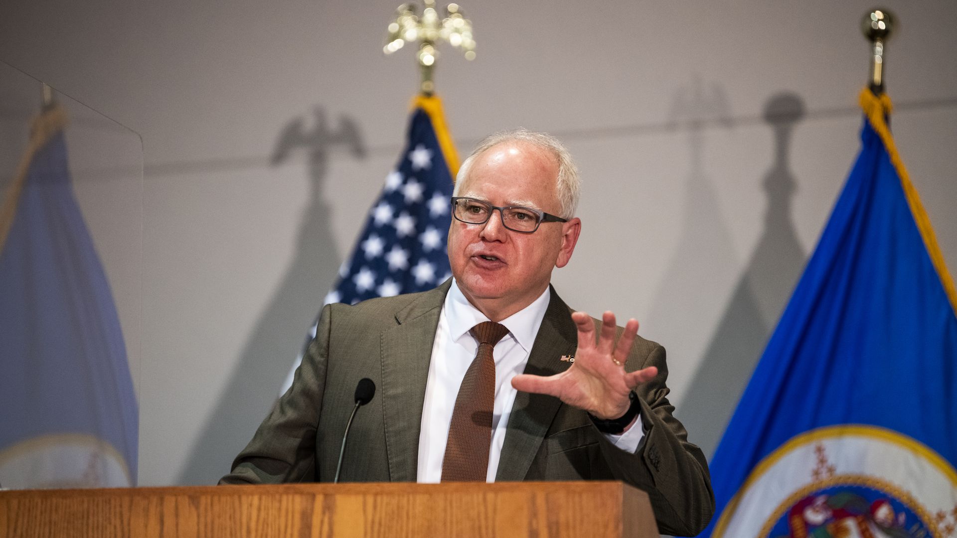 Minnesota Governor Tim Walz speaking in a press conference in April 2021.