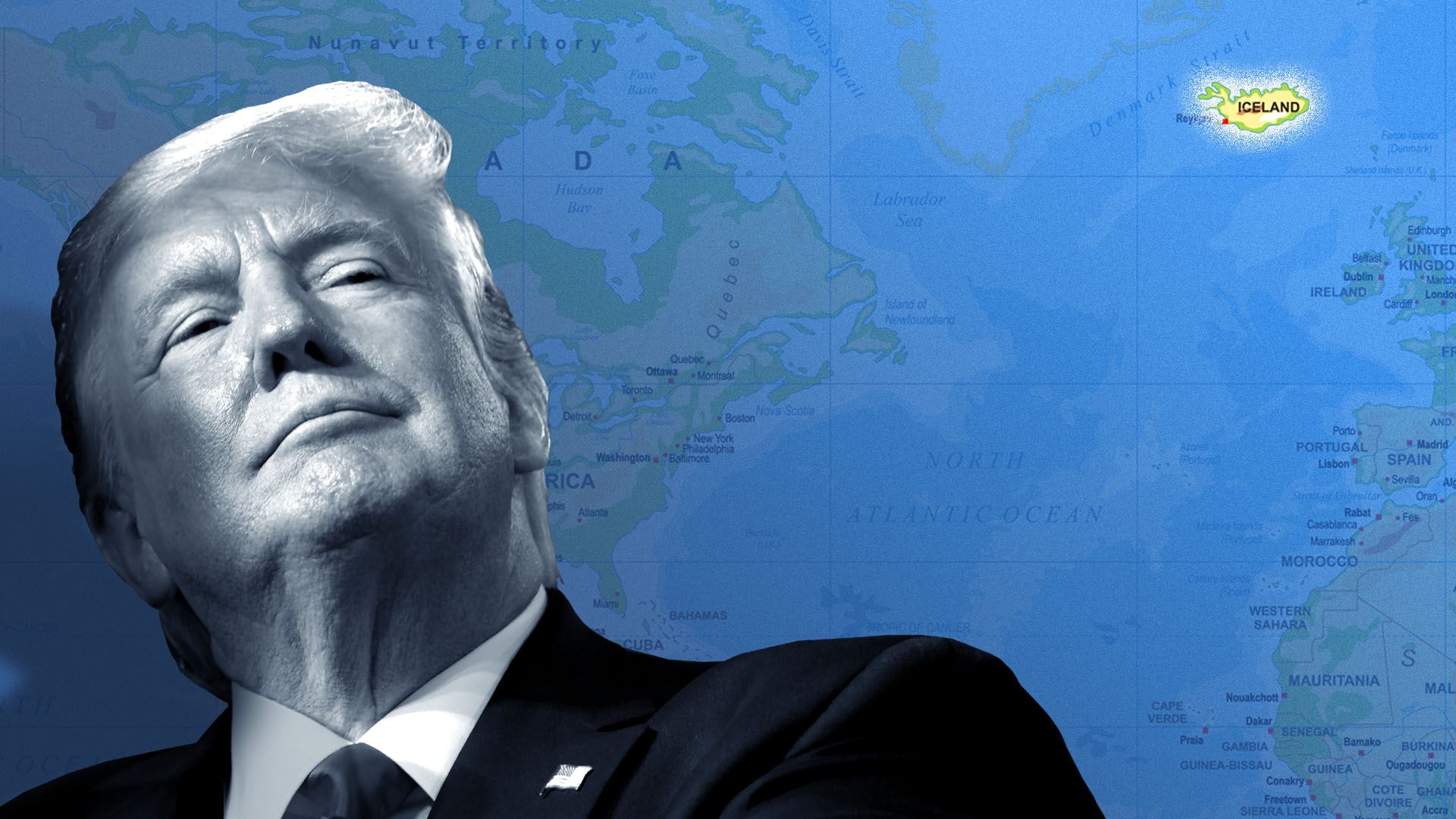 Illustration of President Trump looking at a world map with Iceland highlighted