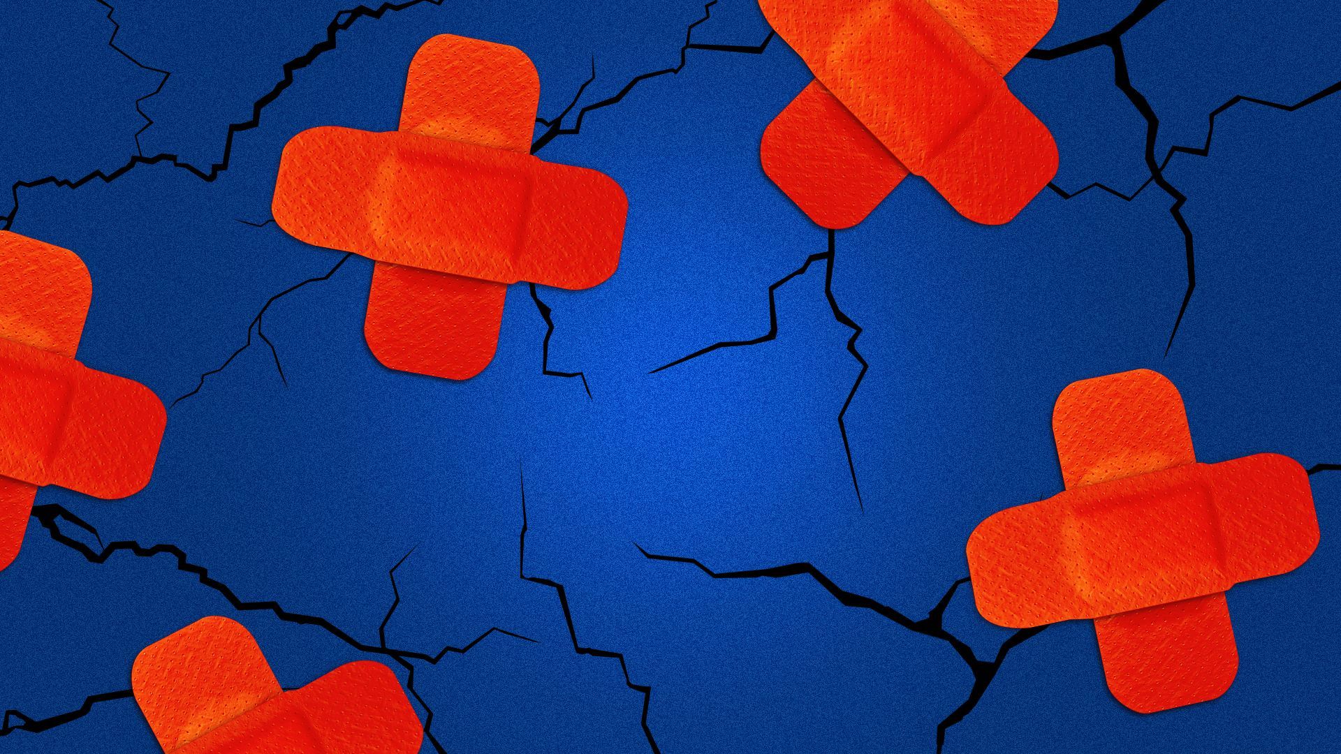 Illustration of a wall of cracks with bandaid-shaped red crosses