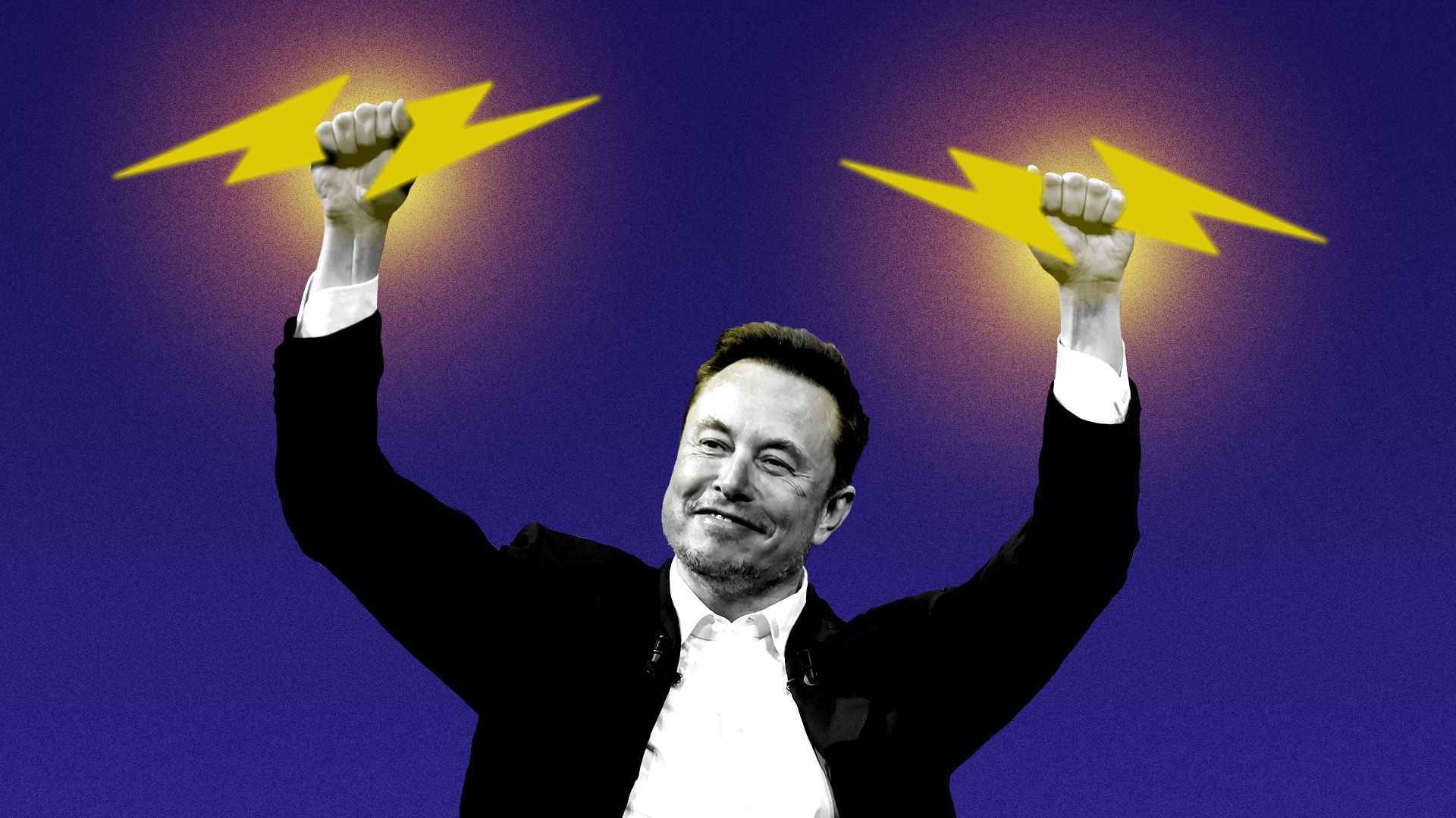 Photo illustration of Elon Musk holding two lightning bolts up in the air like Zeus