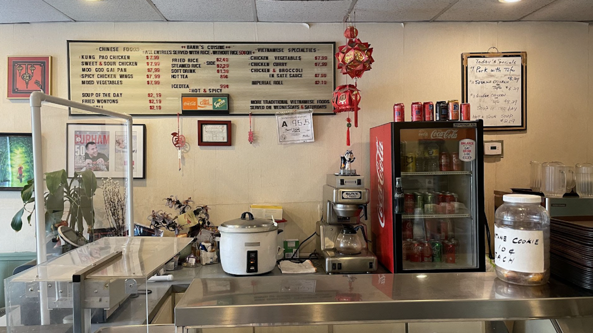 The menu and counter of Banh's. 