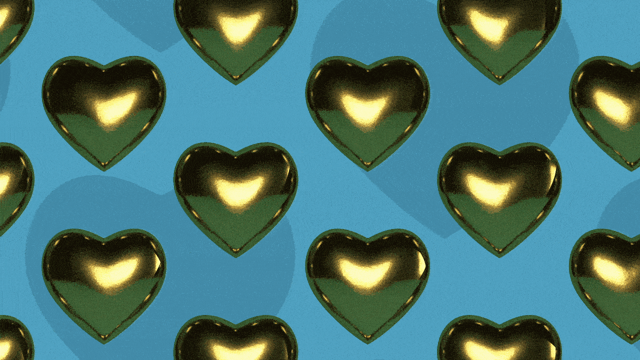 Illustration of a pattern of golden hearts that rotate. 