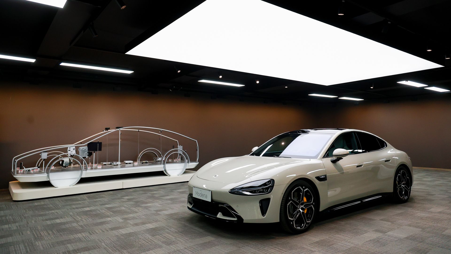 A view of an electric vehicle at Xiaomi's Electric Vehicle Factory on March 25, 2024 in Beijing, China.