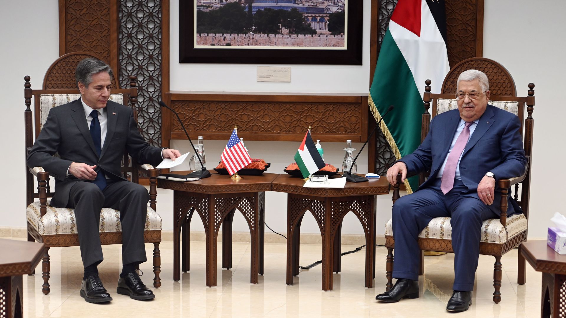 Secretary of State Antony Blinken is seen meeting with PLO chief Mahmoud Abbas.