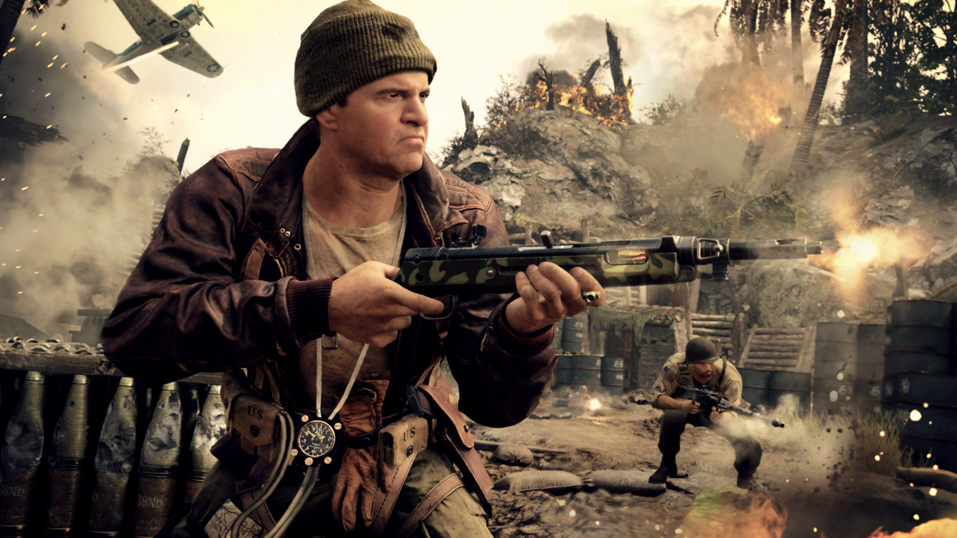 Video game screenshot of a World War 2 soldier holding a rifle while a plane flies overhead