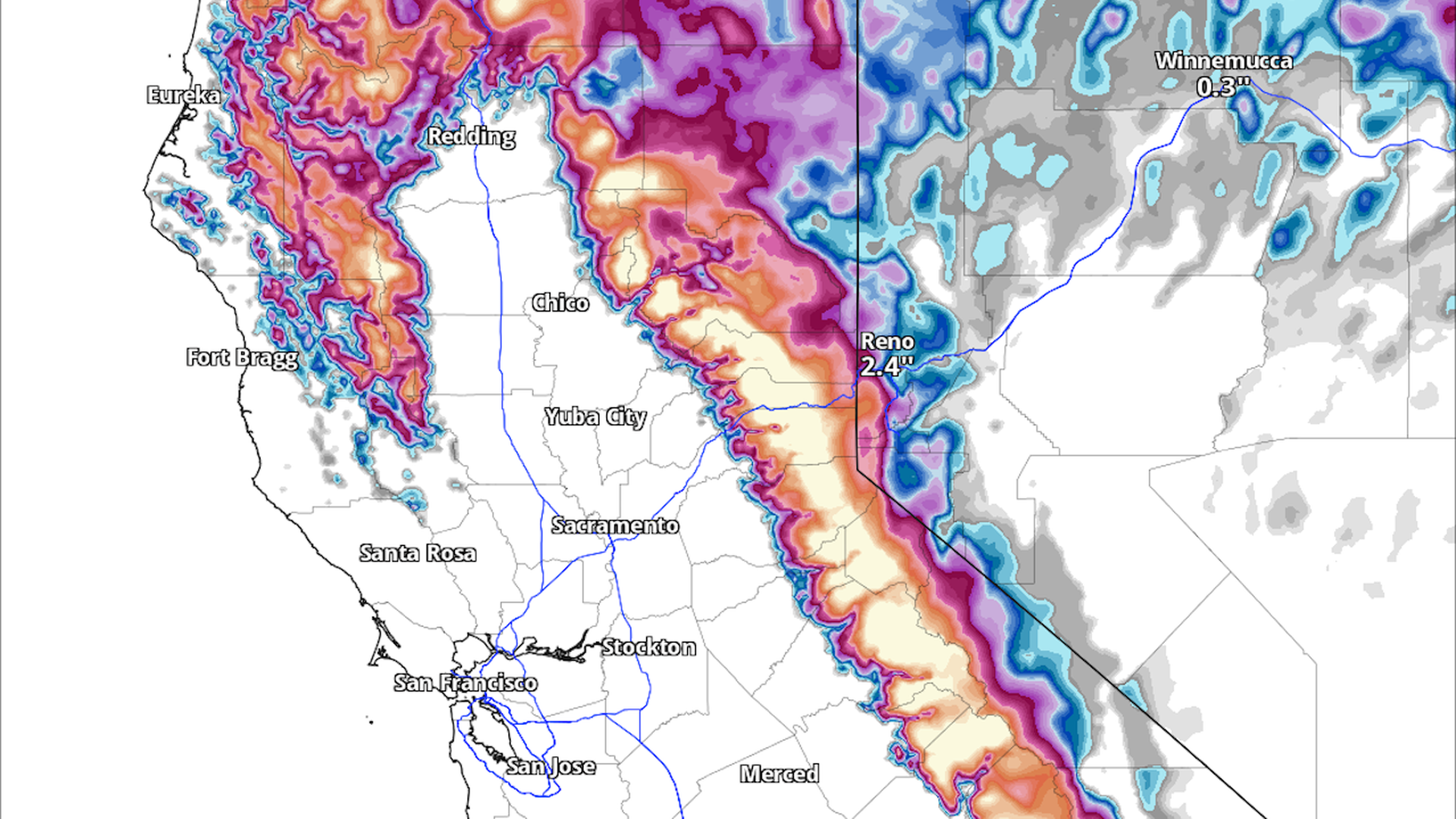 Map showing 48-hour forecast snowfall totals in the Sierra Nevada Mountains from the NWS.