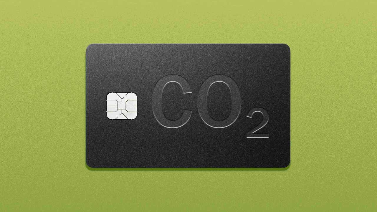 Animated illustration of a hand holding a towel and wiping a credit card marked CO2, which then sparkles.