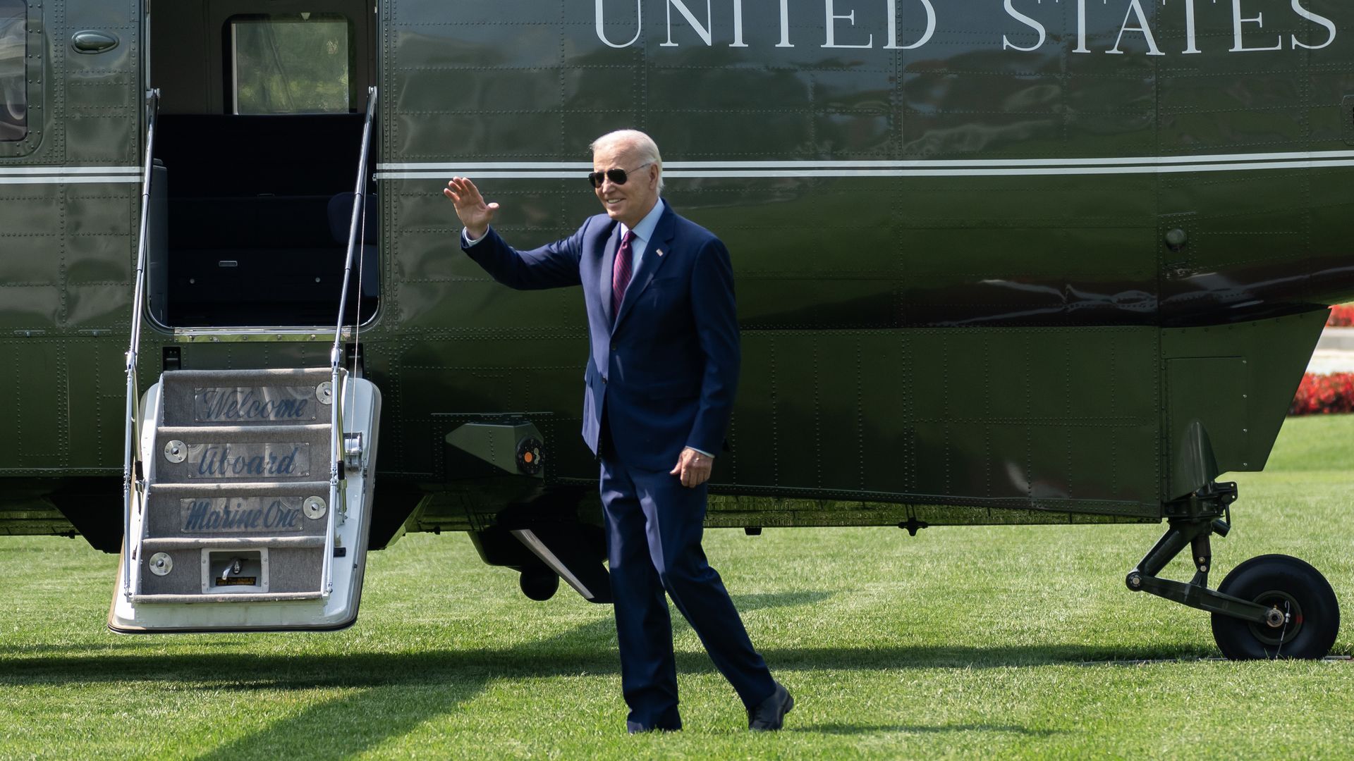 President Joe Biden walks on the South Lawn of the White House before boarding Maine One in Washington, DC, US, on Friday, July 28, 2023.