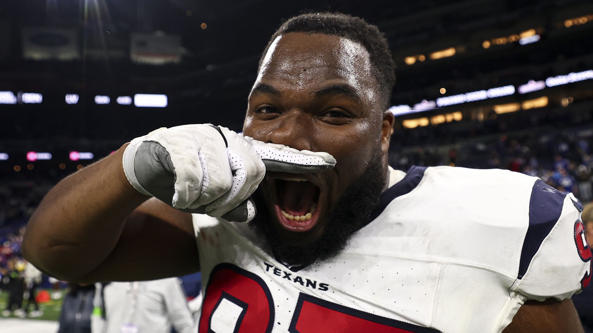 Teair Tart #97 of the Houston Texans celebrates after an NFL football game against the Indianapolis Colts at Lucas Oil Stadium on January 6, 2024 in Indianapolis, Indiana
