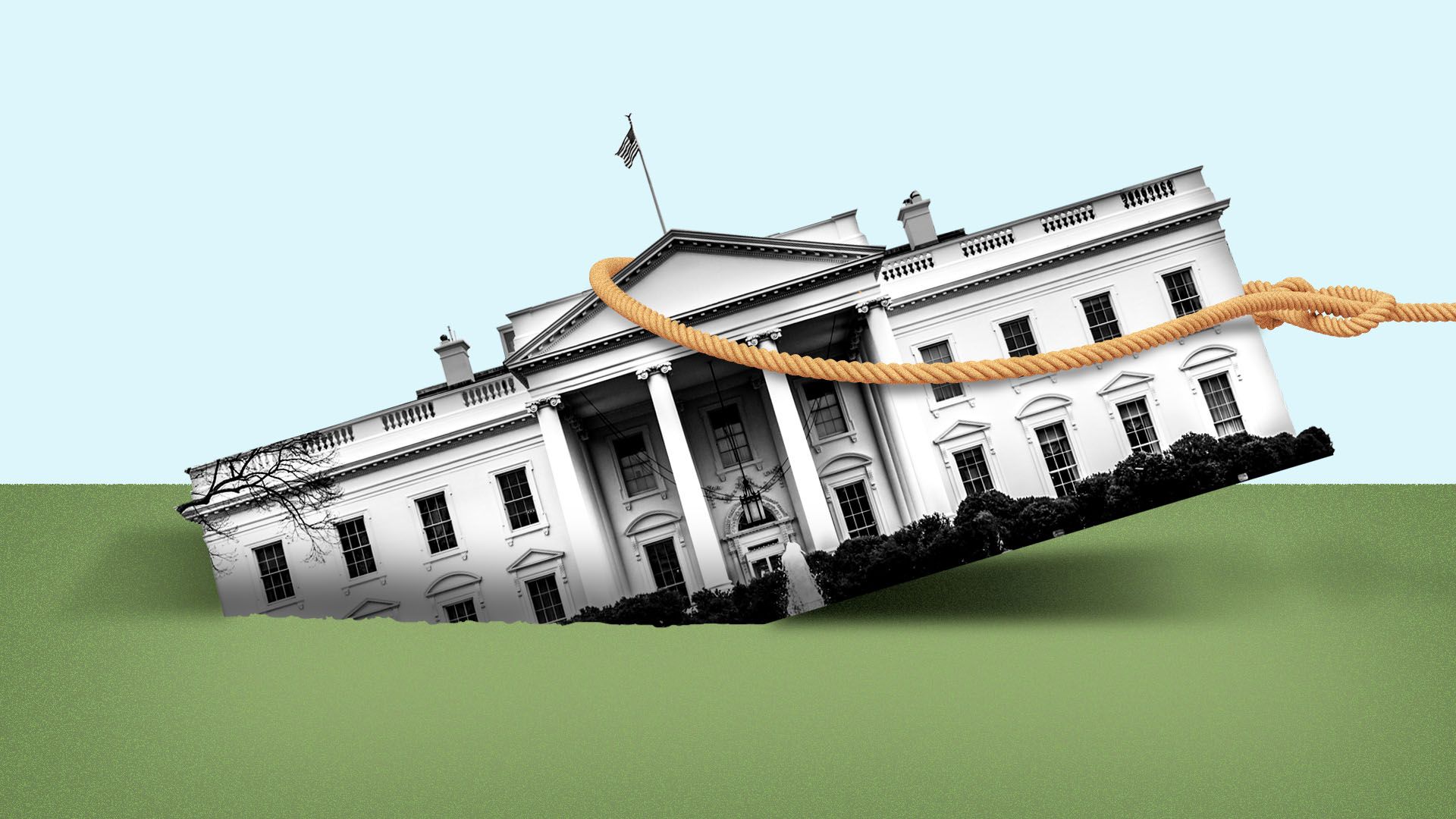 Illustration of the White House sinking into the ground, with a rope trying to pull it out.