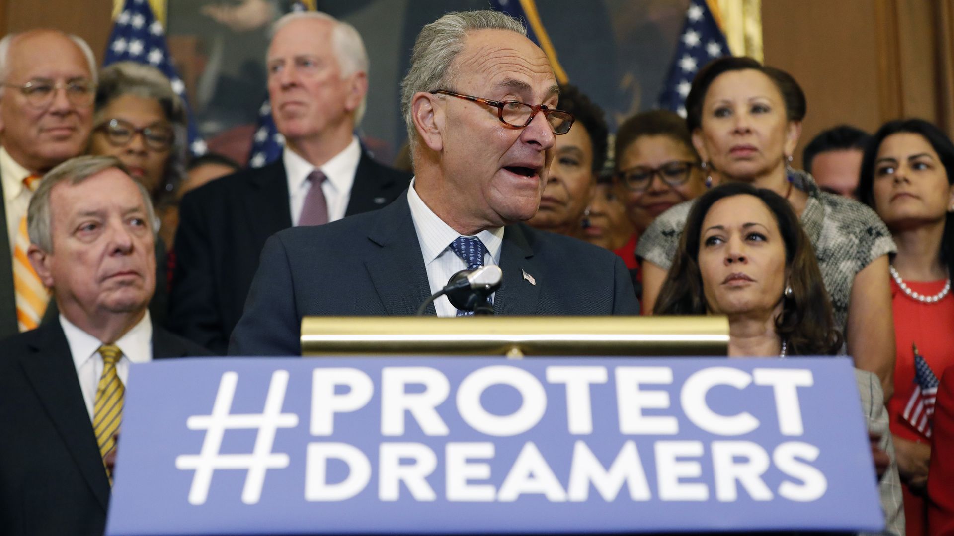 Chuck Schumer speaking at a podium with a blue "#ProtectDreamers" sign on the front