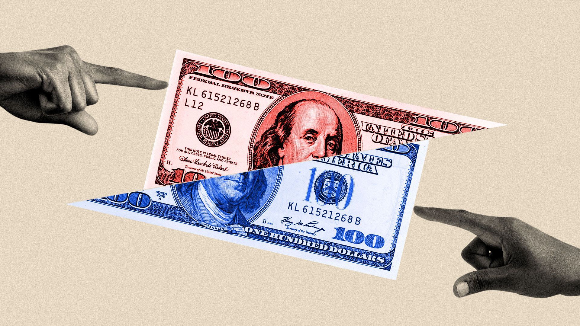 Illustration of fingers pushing $100 bill into two divided pieces