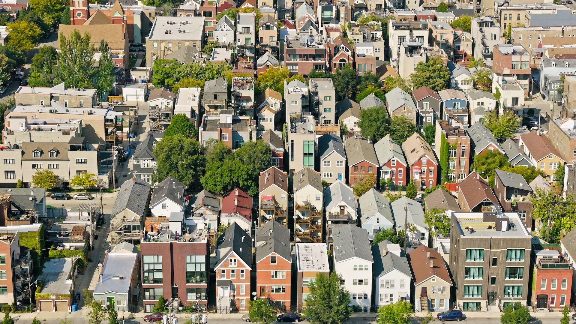 A neighborhood of houses and apartments.