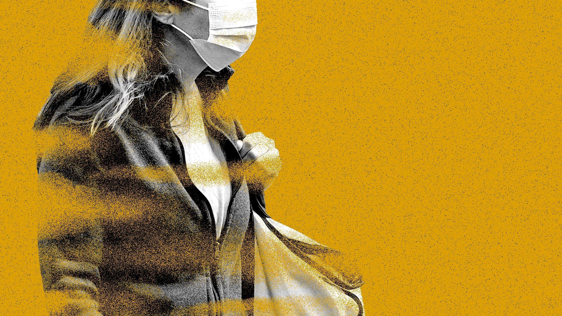 Photo illustration of a woman wearing a mask standing in stylized smoky air.