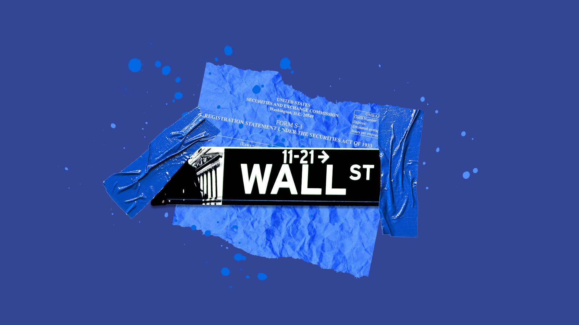 Collage illustration of the Wall Street street sign and IPO filing papers. 