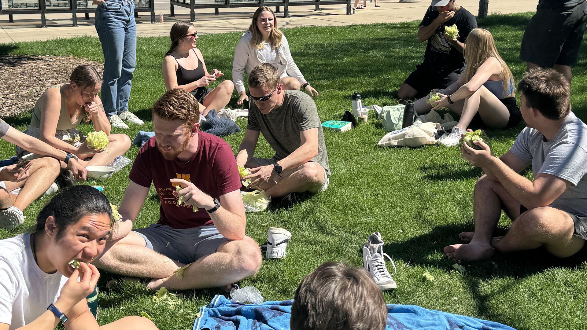 A group of people sitting on the ground eating lettuce.