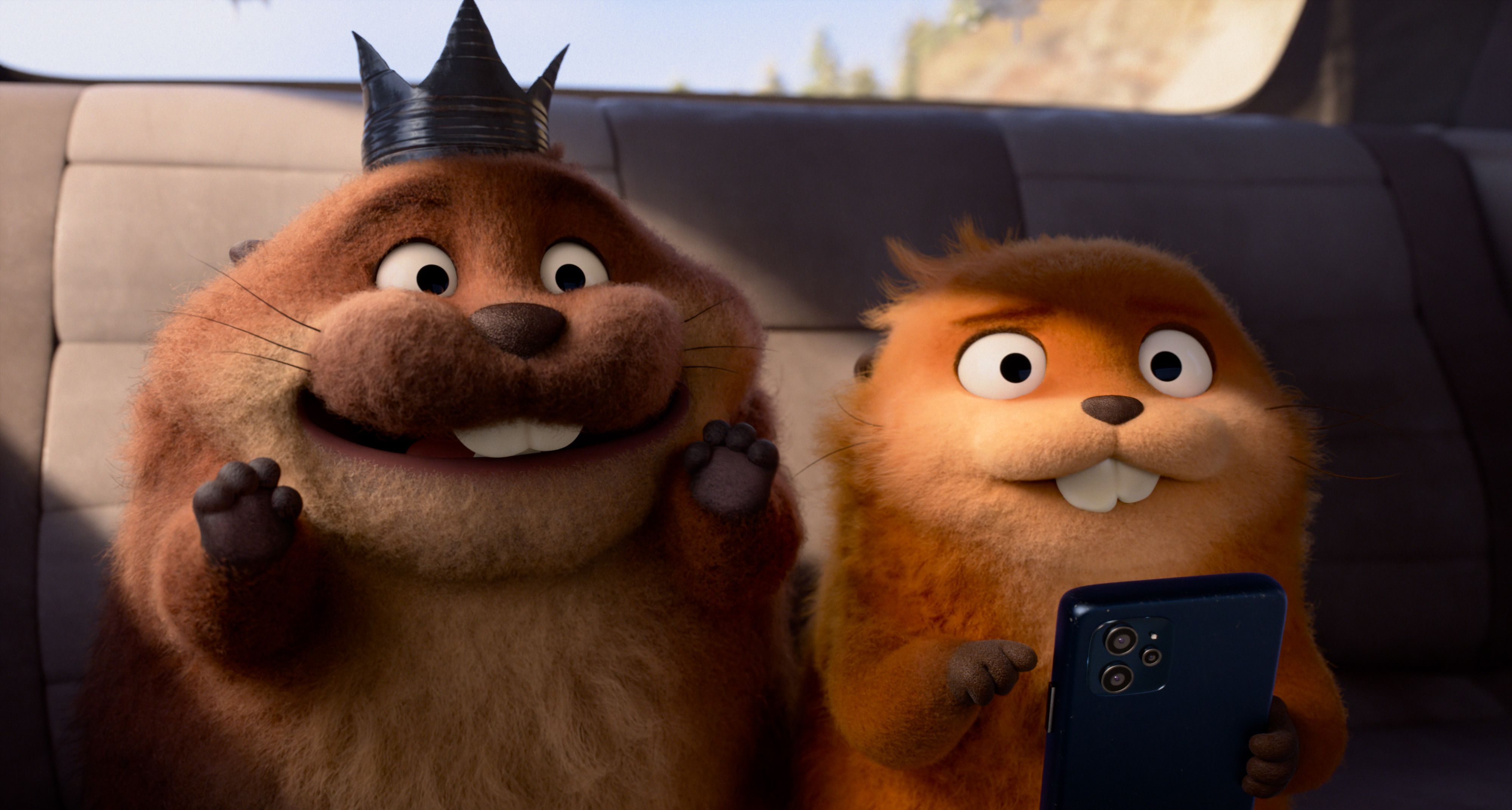 King George, voiced by Bobby Moynihan (left), and Mabel Beaver, voiced by Piper Curda, in the animated film "Hoppers."