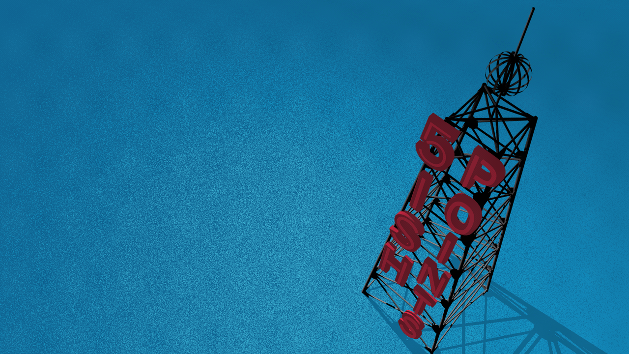 Illustration of a neon sign on a metal tower reading 5ish Points. 