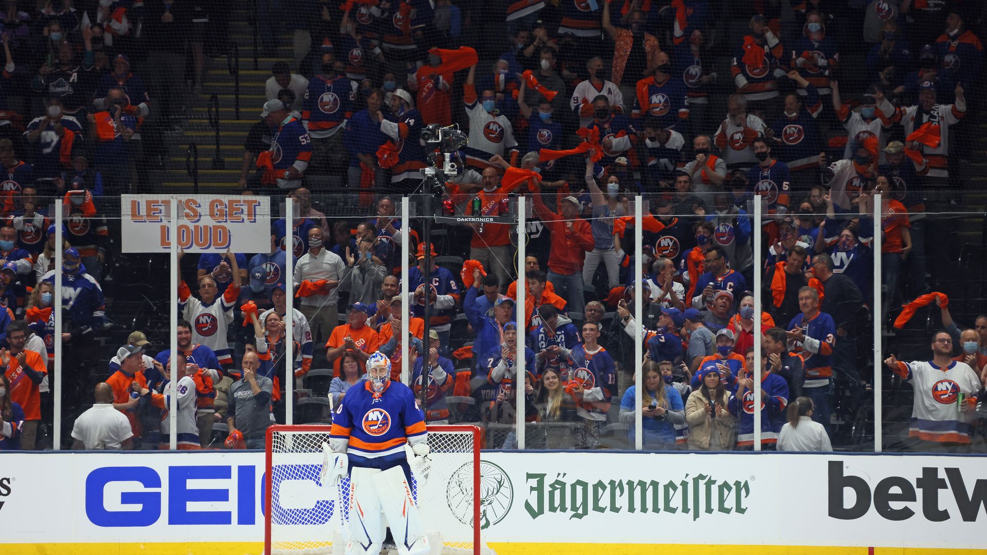 A vaccinated section of fans sit at a New York Islanders game