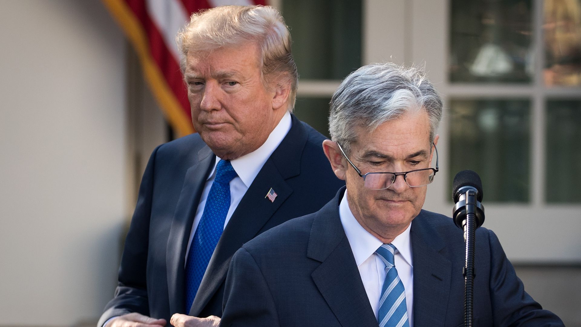 U.S. President Donald Trump looks on as Federal Reserve Jerome Powell takes to the podium during a press event in the Rose Garden at the White House, November 2, 2017 in Washington, DC. 