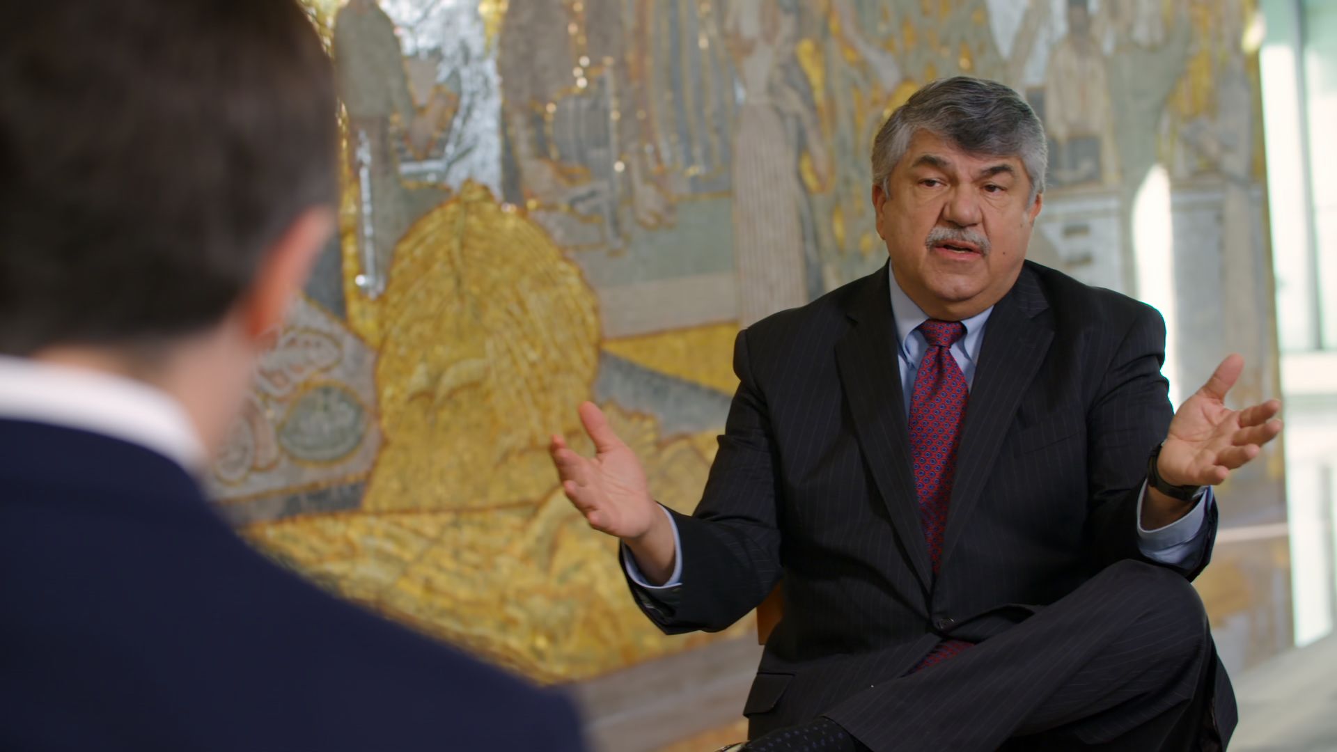 AFL-CIO President Richard Trumka is seen speaking during an interview for 