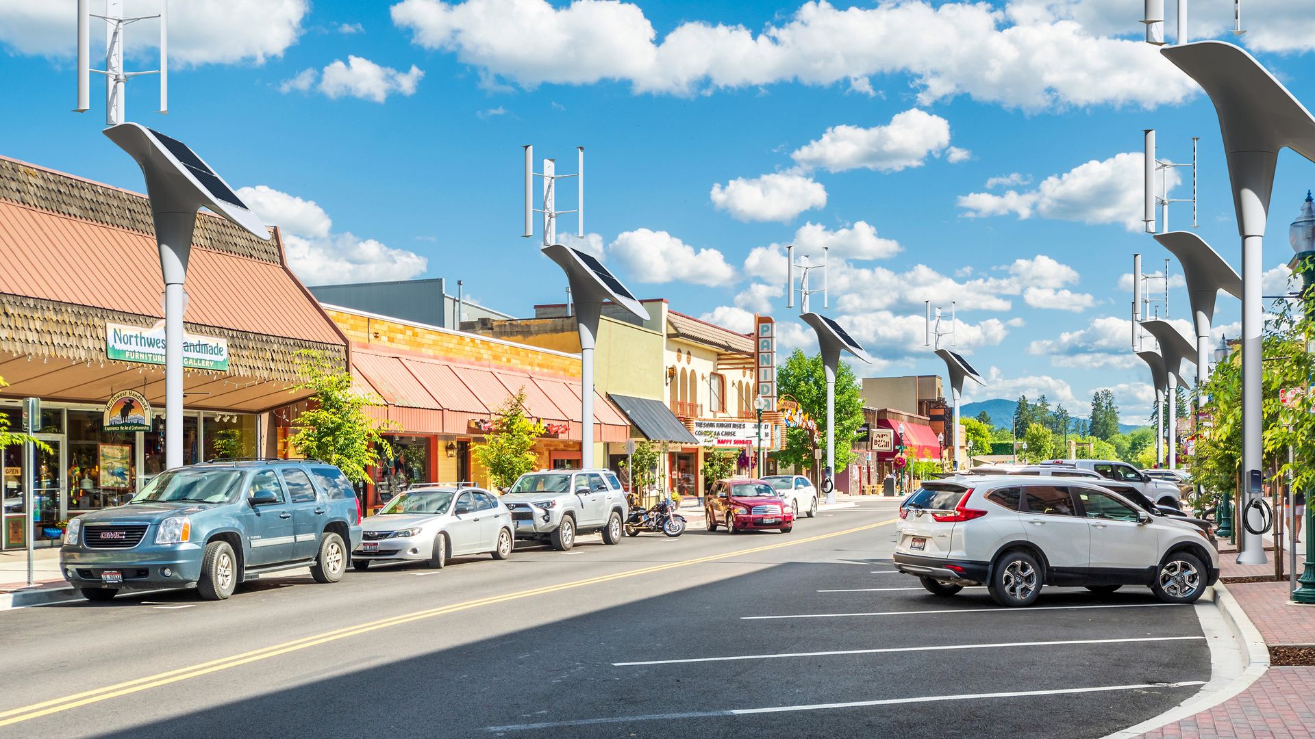 Rendering of a downtown streetscape featuring solar- and wind-powered EV chargers on street lights. 