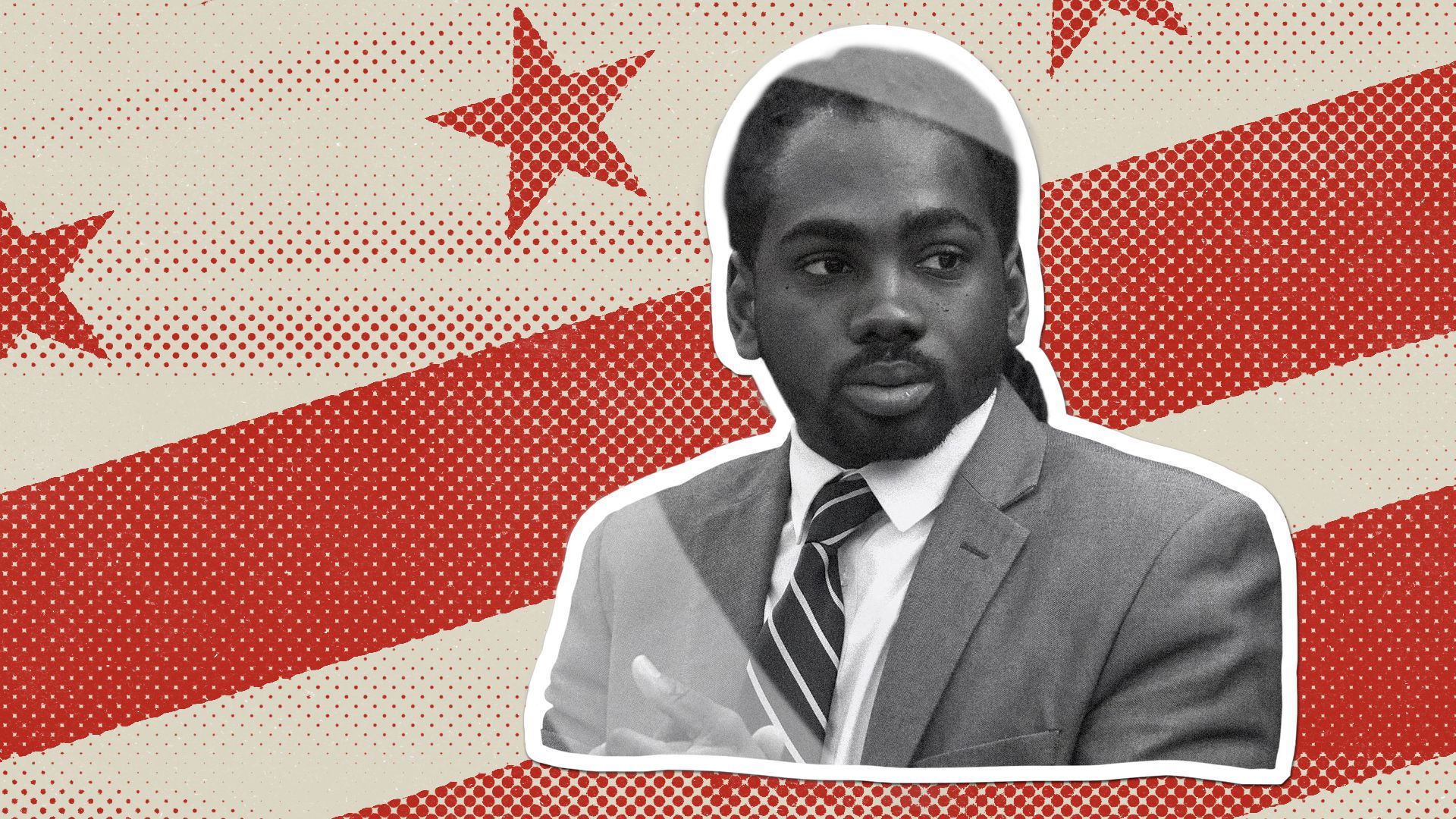 Photo illustration of Trayon White as a sticker with the D.C. flag.