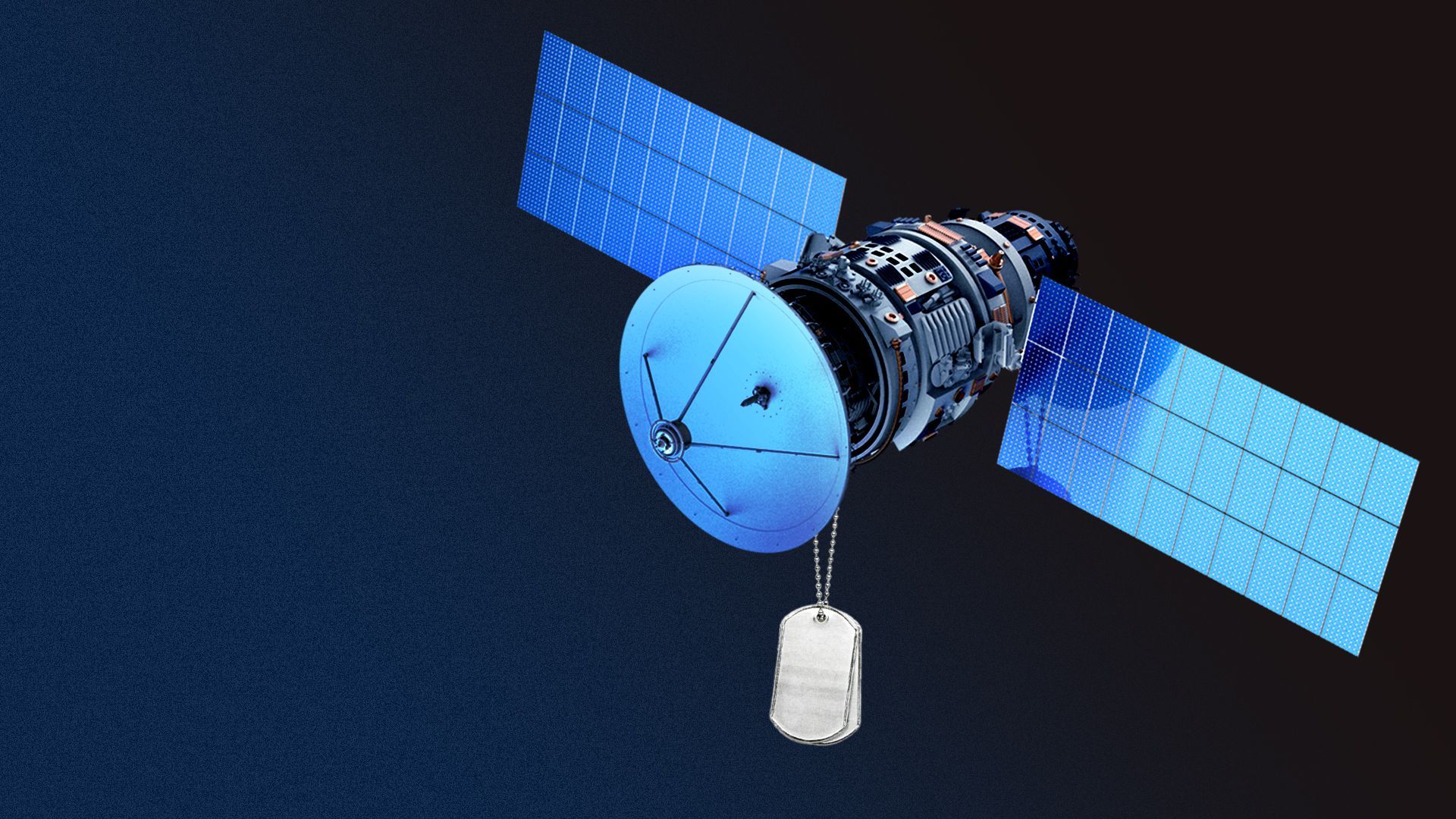 Illustration of a satellite with dog tags hanging from it