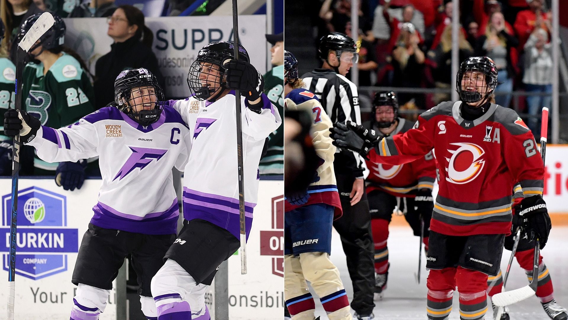 Two side-by-side photos of hockey players. On the left, two hockey players in white Minnesota Frost jerseys celebrate a goal. On the right, a hockey player in a red Ottawa Charge jersey fist-bumps her teammates.