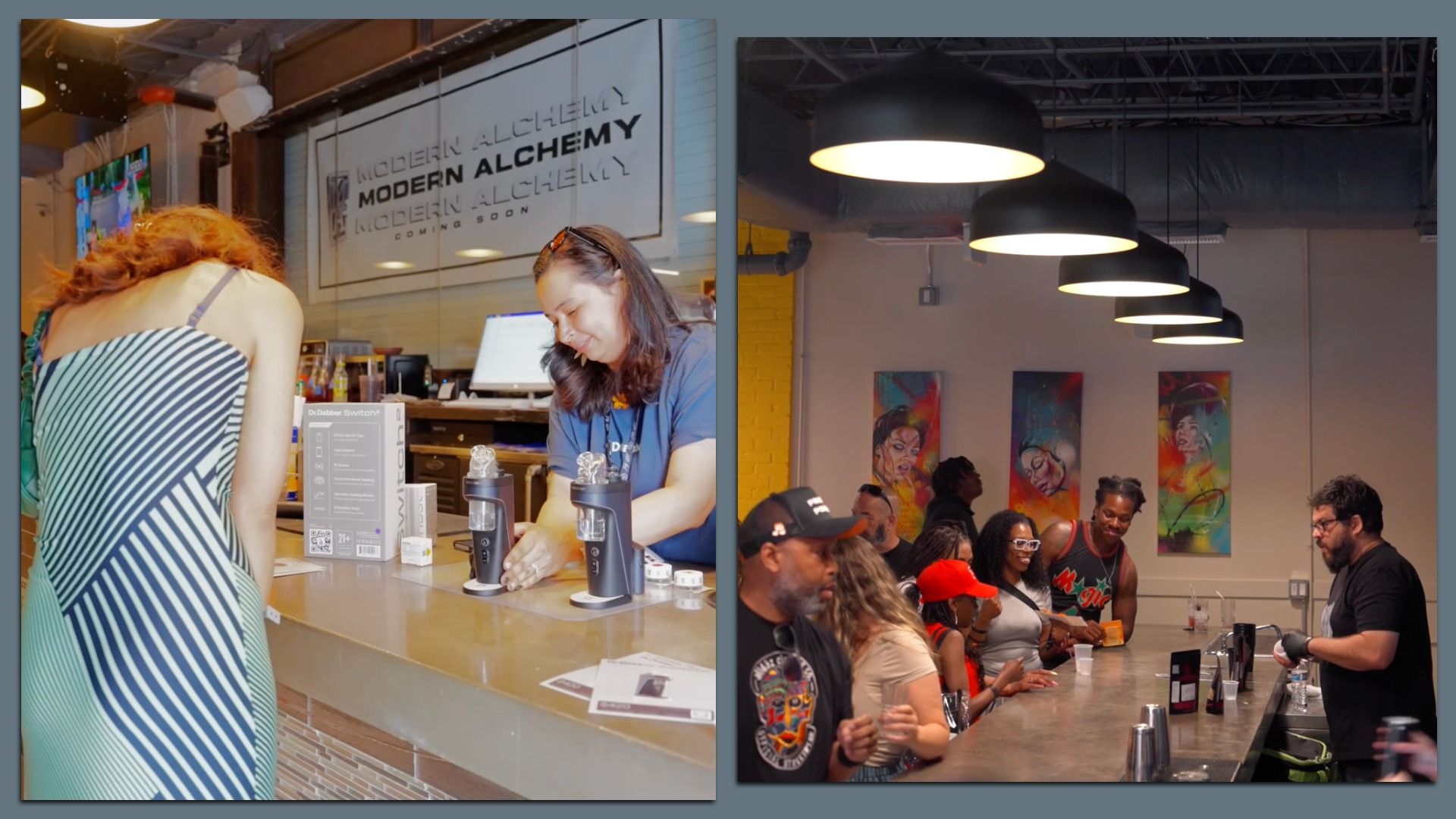 Two-panel indoor scene: left shows a woman in a blue-striped dress at a counter beneath a sign reading "Modern Alchemy"; right shows a crowded bar with pendant lights and colorful wall art.