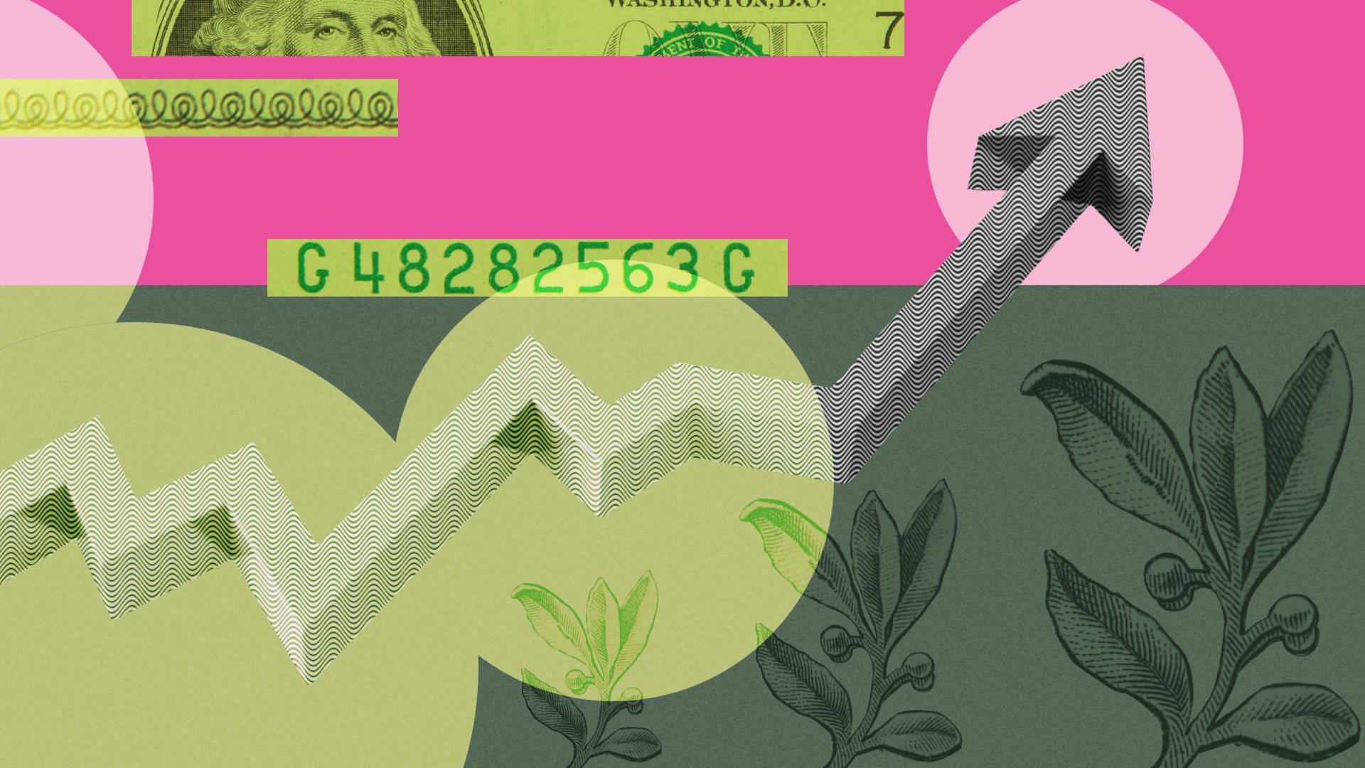 Illustration of an upward arrow surrounded by money elements and abstract shapes.