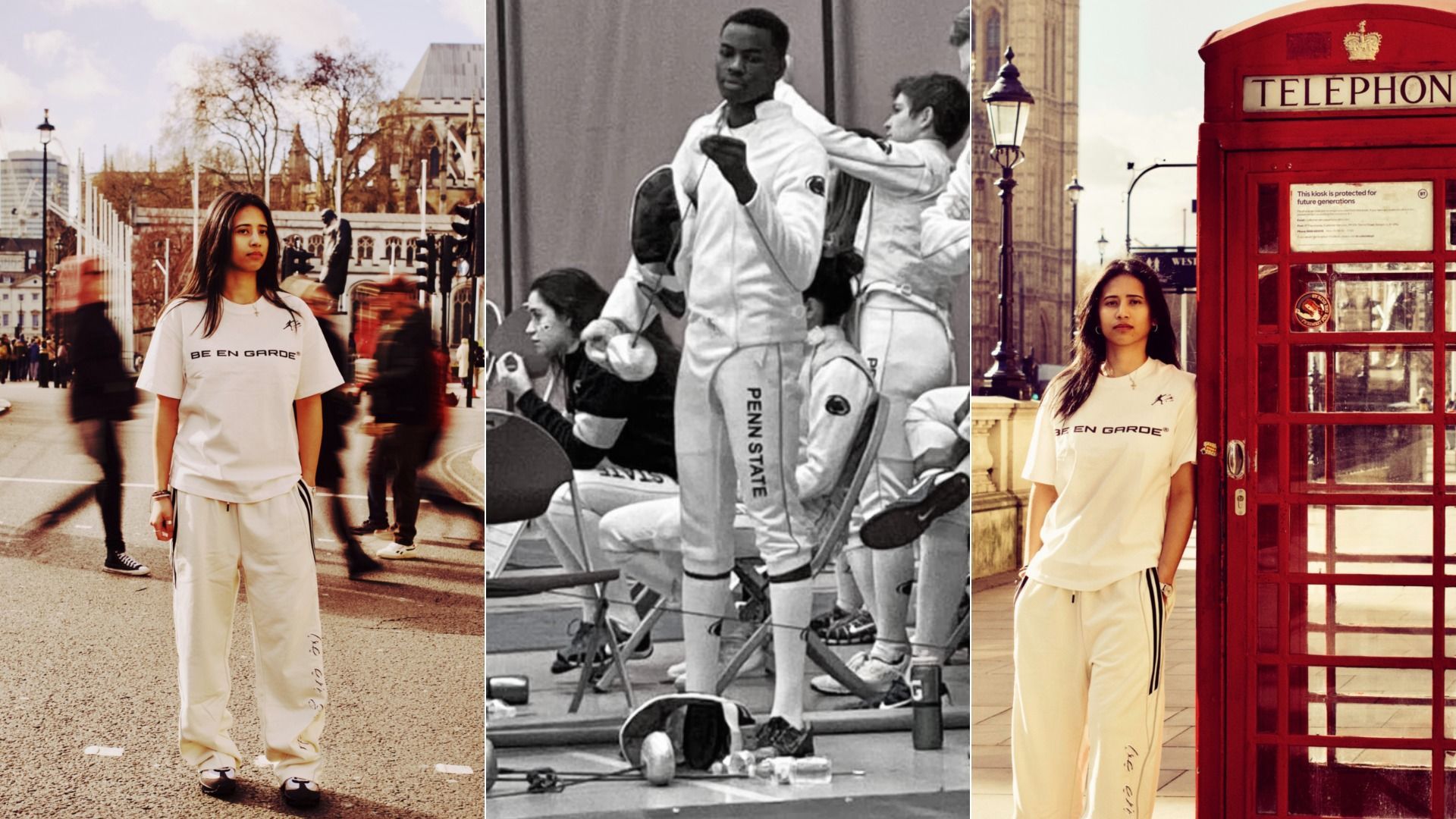 Triptych collage: left a woman in a white BE EN GARDE shirt on a busy city street; middle grayscale gym scene with athletes; right the same woman beside a red British telephone booth.