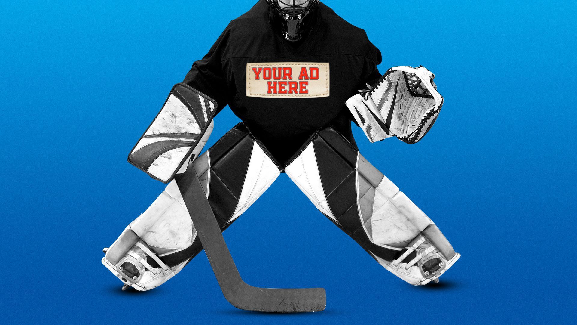 A hockey goalie with a breastplate that reads "your ad here"