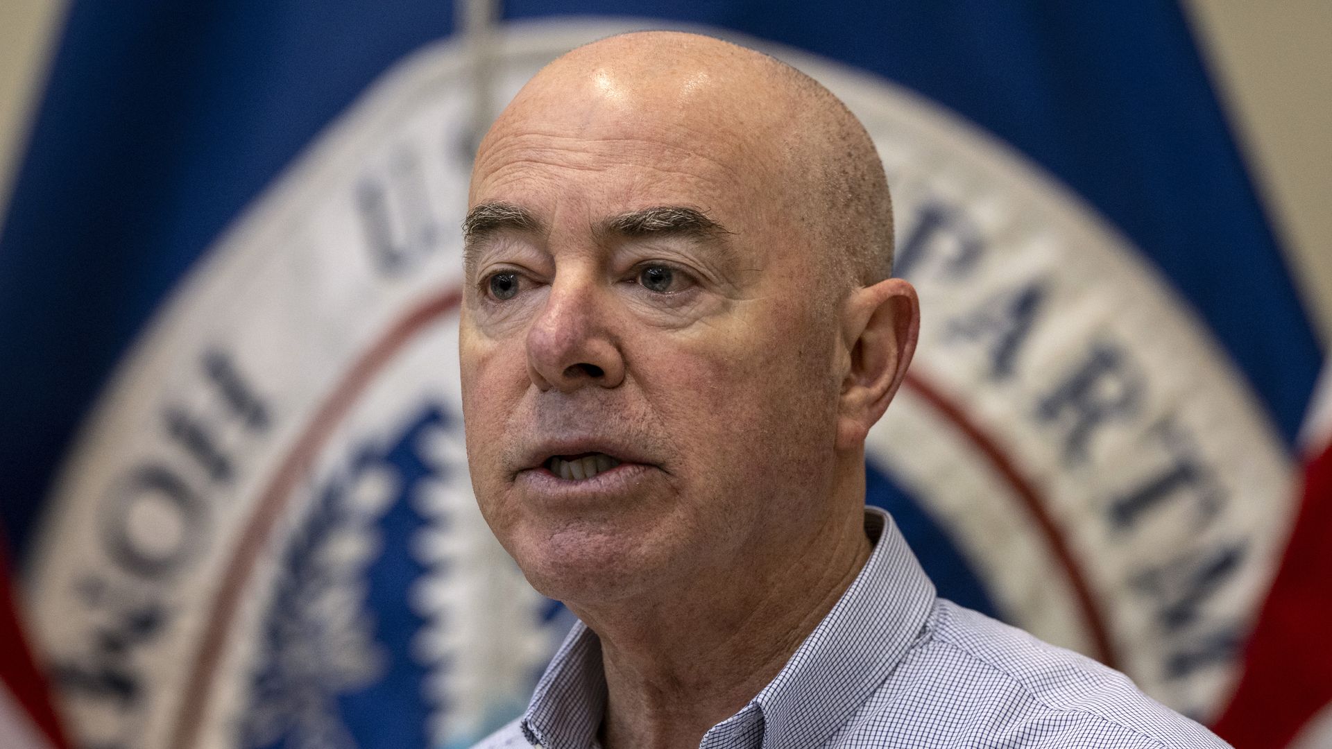 Close-up image of Homeland Security Secretary Alejandro Mayorkas speaking