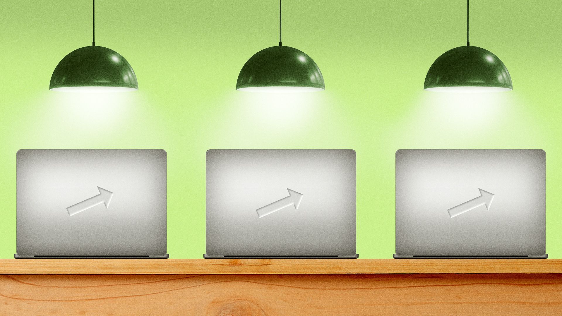 Illustration of three laptops in a row, all with upward pointing arrows as engraved logos. The laptops are on a wooden table with three pendant lamps hanging from the ceiling.
