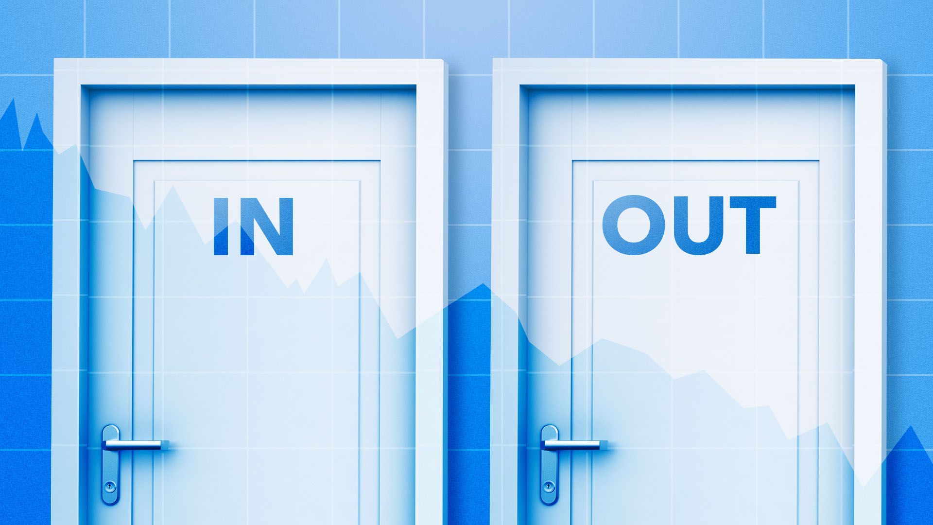 Illustration of a stock market chart with a door that reads in and one that reads out