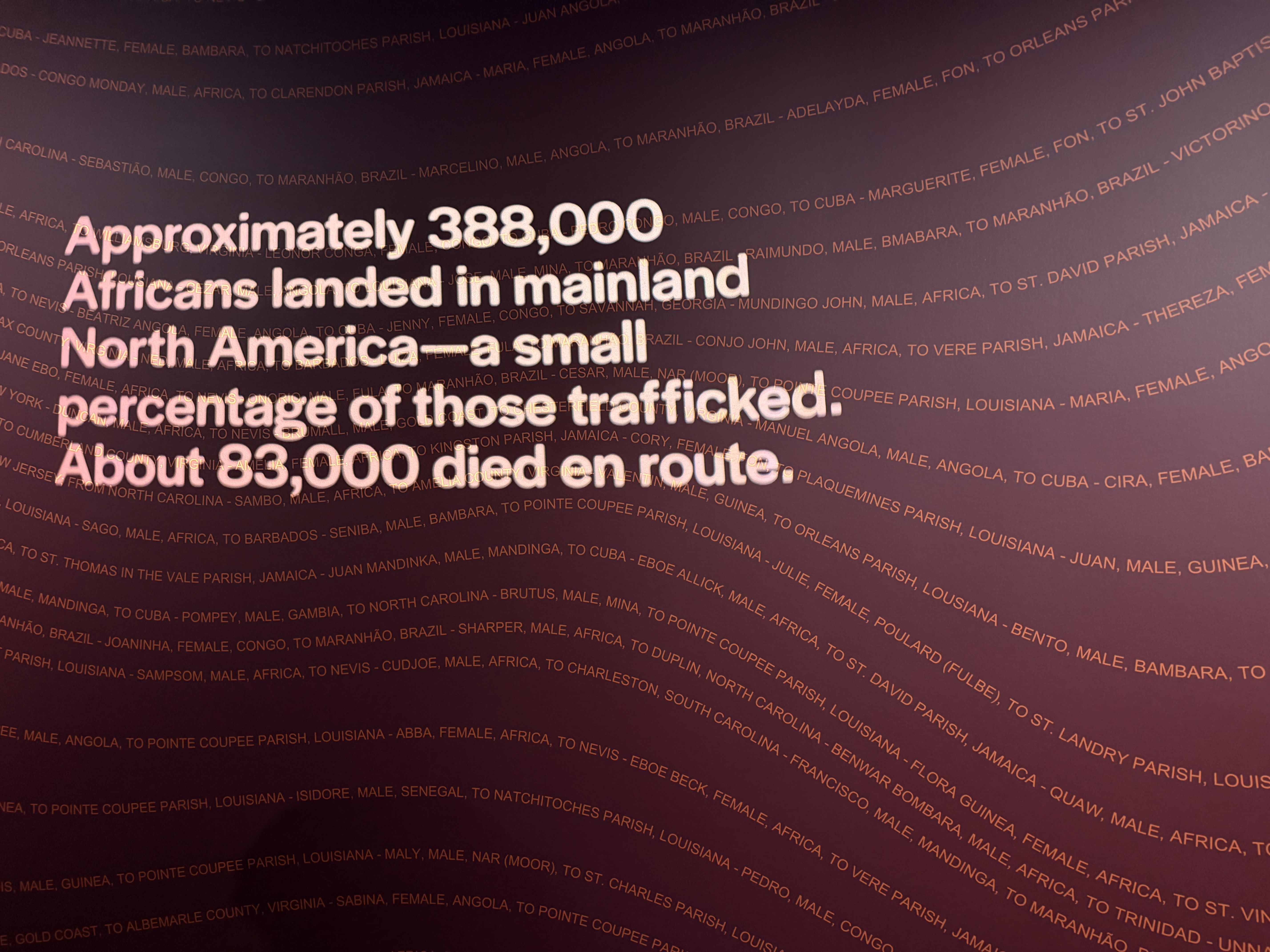 Large white text on a purple curved wall presents the statistic: Approximately 388,000 Africans landed in mainland North America, a small percentage of those trafficked. About 93,000 died on route.