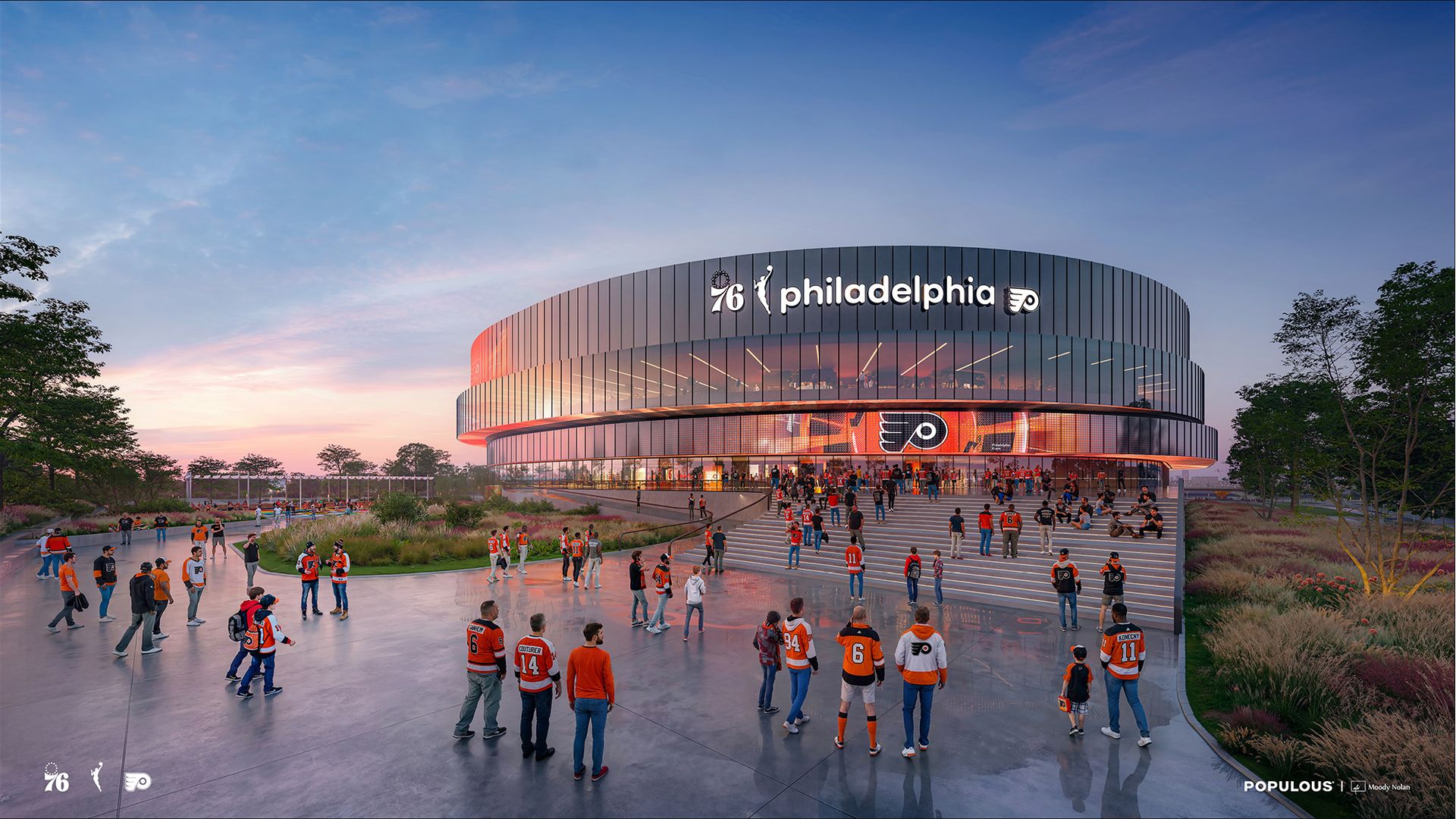 Render of a futuristic circular stadium with a glass facade and the words "76 Philadelphia" on its front. People in orange jerseys gather on a plaza at sunset beneath a blue sky.