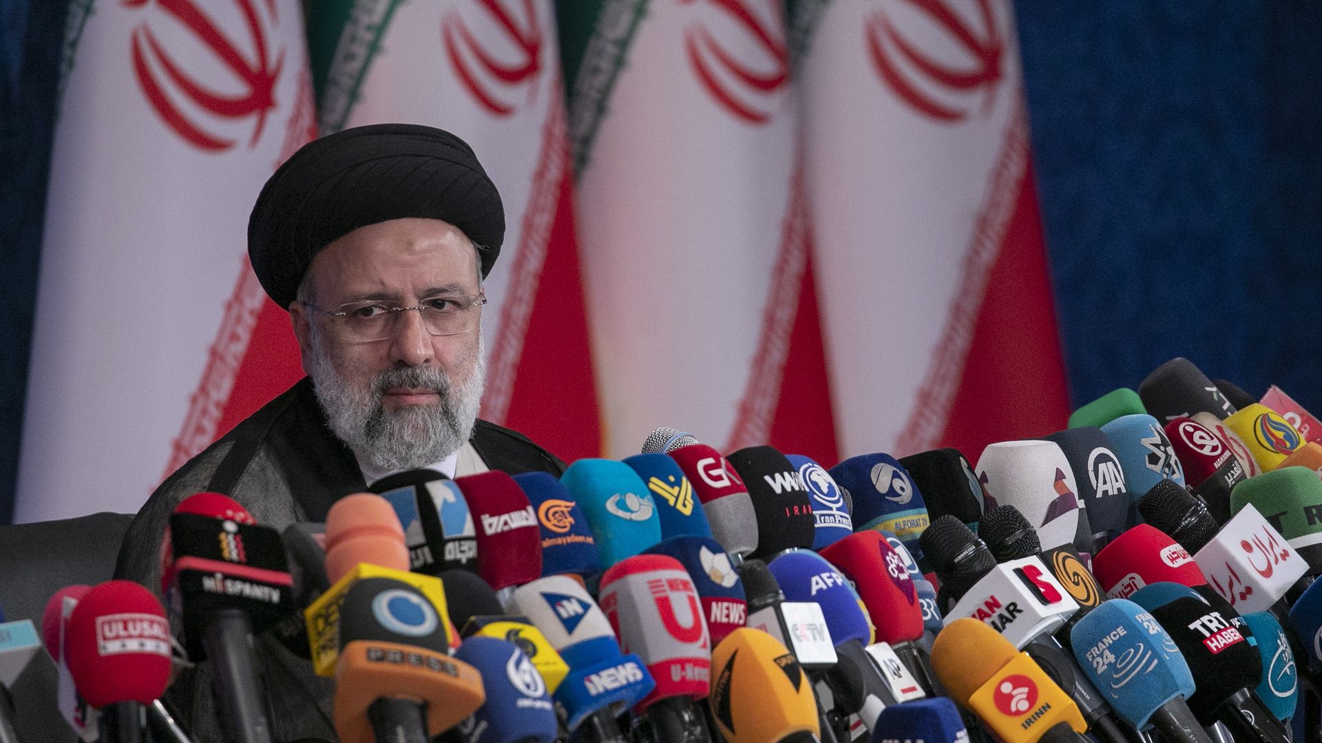 Iranian President-Elect Ebrahim Raisi holds a press conference at Shahid Beheshti conference hall on June 21, 2021 in Tehran, Iran.