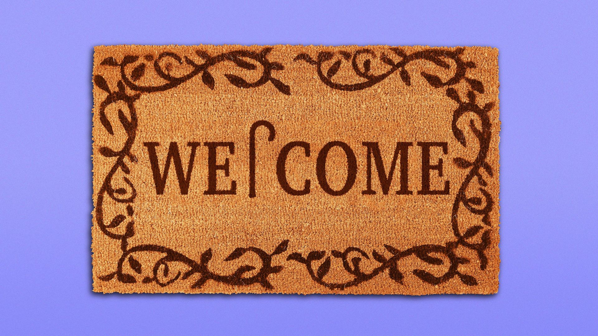 Illustration of a door mat that says "Welcome," but the L is a cane.